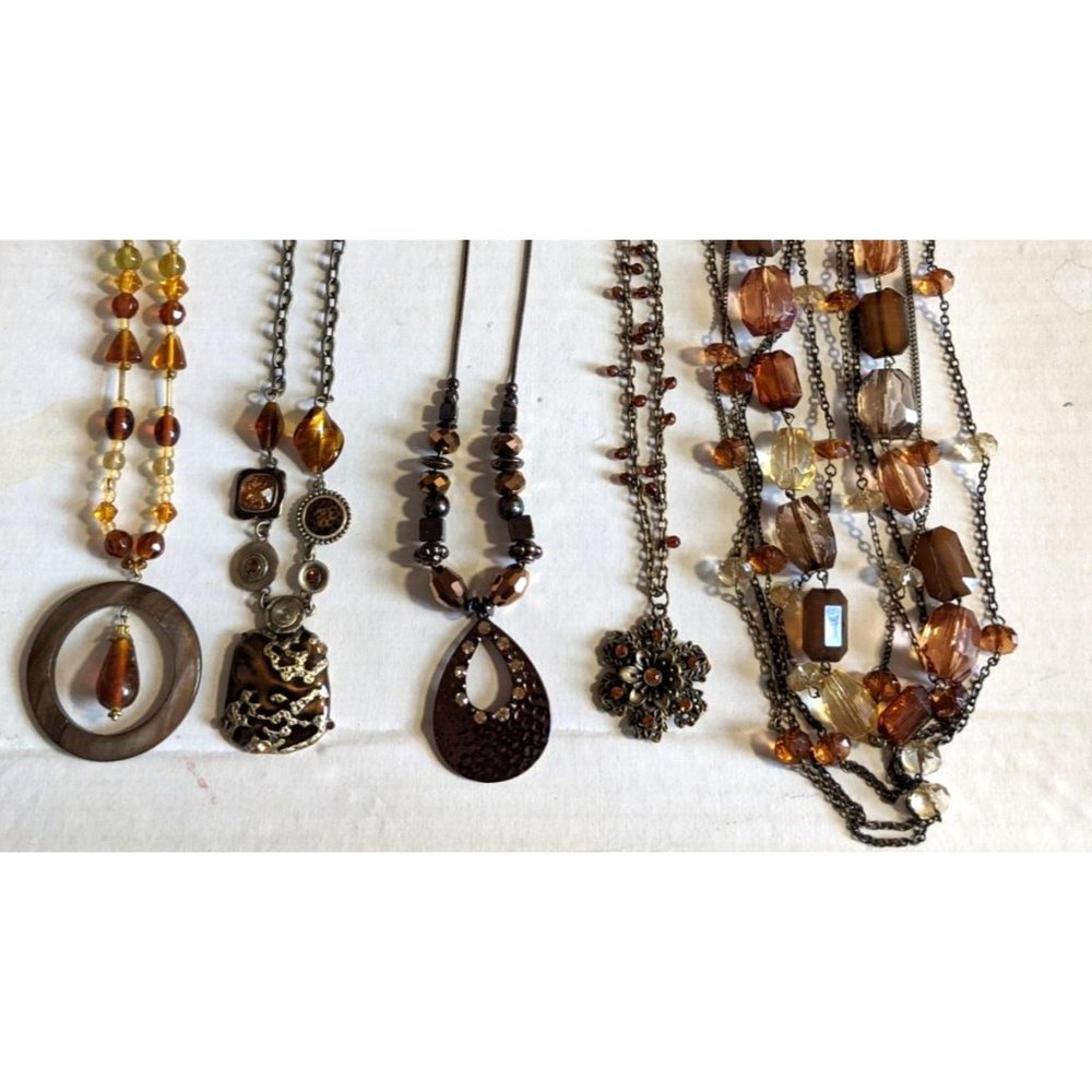 Lot of 5 Vtg-mod Amber Colored Chunky Glass Resin Beaded Necklaces Art Deco
